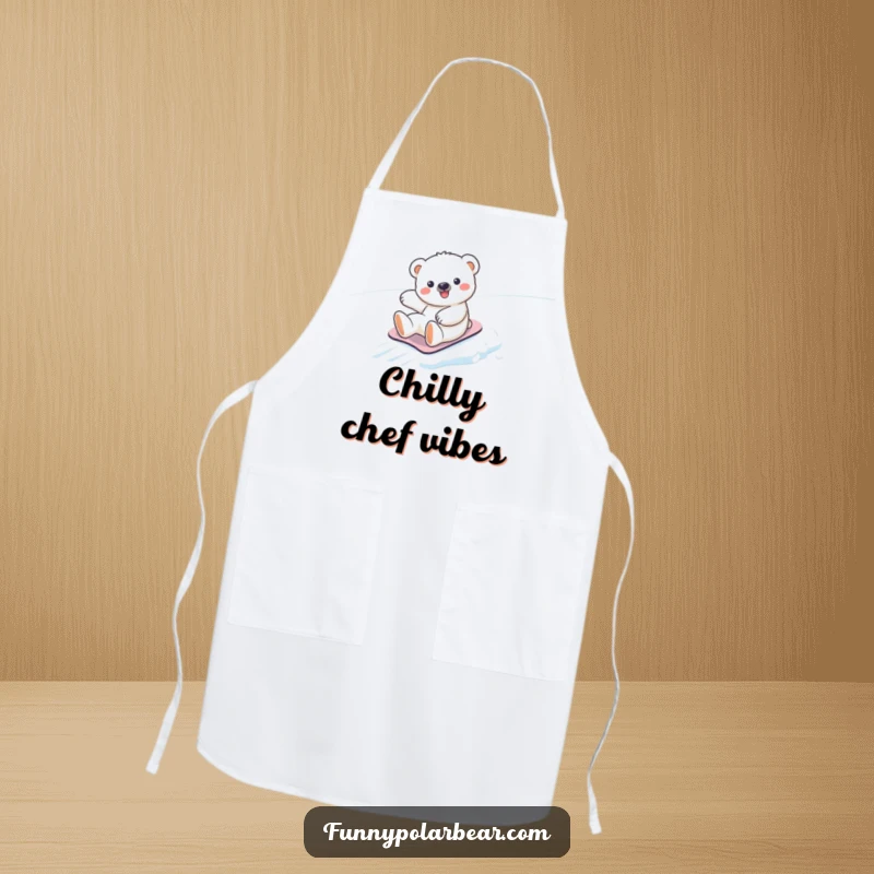 Funny kawaii polar bear cub apron, joyfully sliding down an icy slope while cooking, a humorous kitchen accessory.