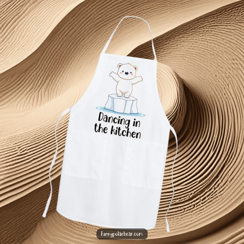 Funny polar bear cub apron, dancing on ice floe, graceful pose, artistic kitchen wear, durable fabric.