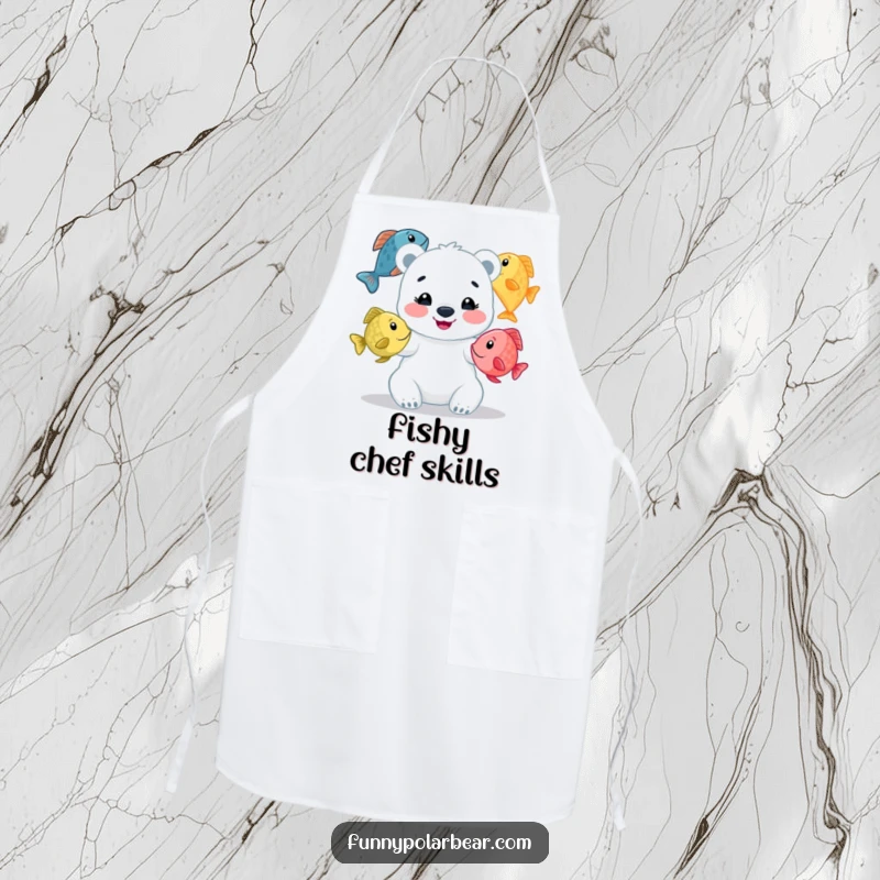 Funny polar bear cub apron, beaming while juggling colorful fish while cooking, a humorous kitchen accessory.