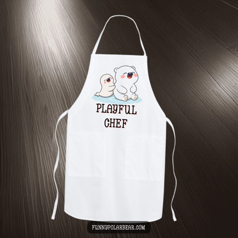 Funny Polar Bear Seal Push Apron: A round polar bear humorously giggles as a playful seal pushes it, adding fun to cooking.