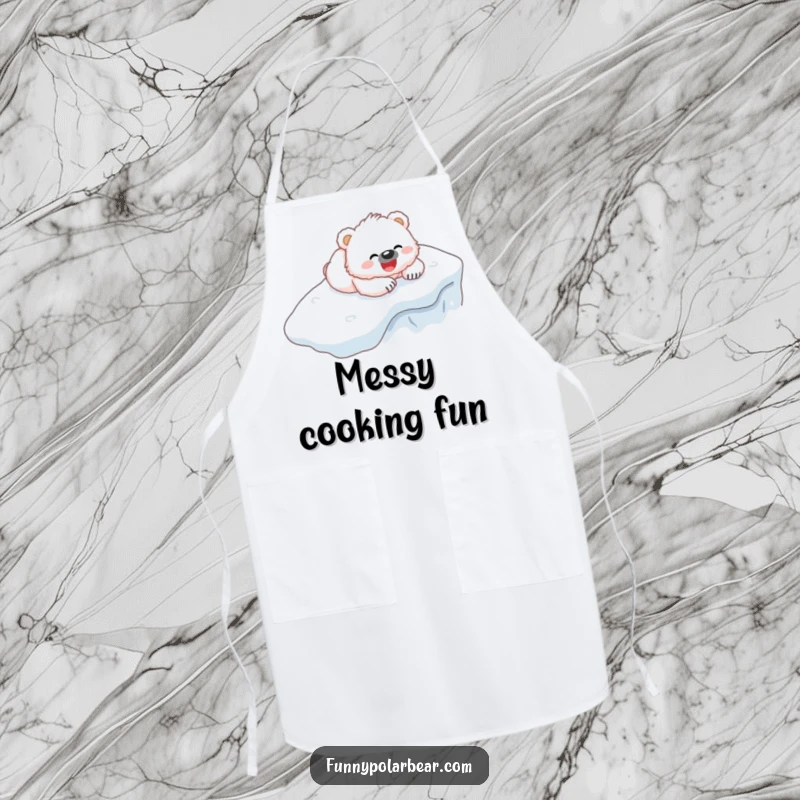 Funny Bear Cub Apron: A fluffy white cub gleefully belly-sliding down an icy hill during winter.