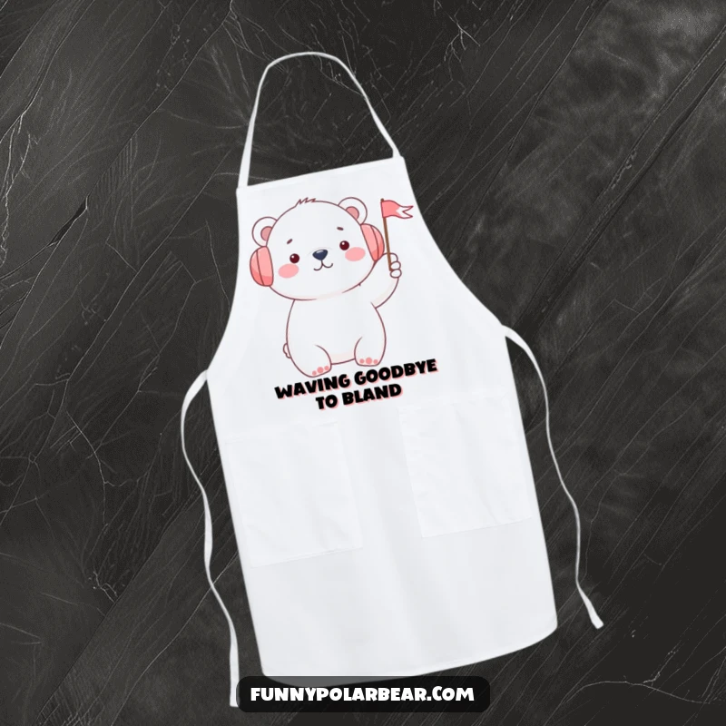Funny polar bear wearing earmuffs and waving a tiny flag on a cooking apron, illustrating joy in the kitchen.
