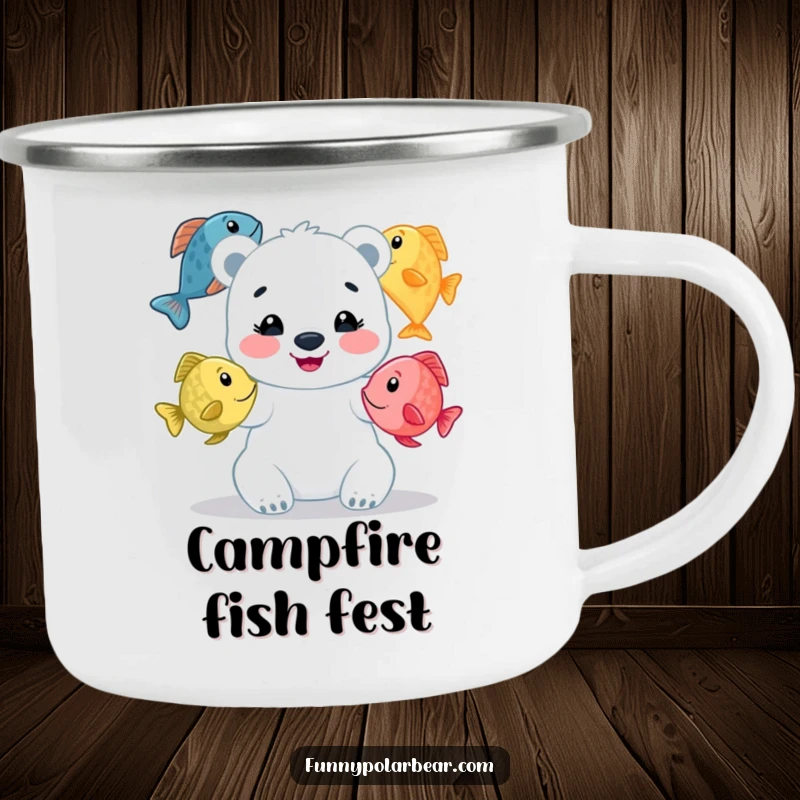 Funny polar bear cub camping mug, happily juggling colorful fish during an outdoor trip, a humorous and durable mug.