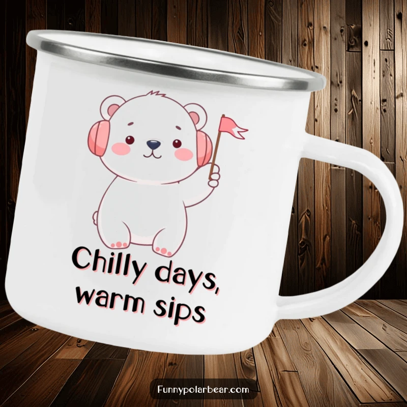 Funny polar bear with earmuffs waving a flag on a rugged camping mug, symbolizing cheerful outdoor enjoyment.