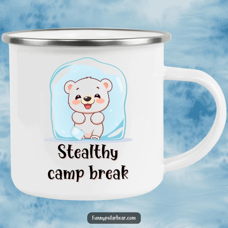 Funny camping mug featuring a giggling polar bear cub peeking from behind a large ice block, ready for Arctic adventures.