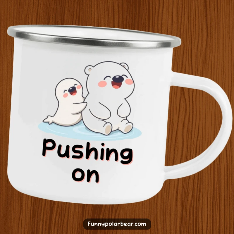 Funny Polar Bear Seal Push Camping Mug: A giggling polar bear humorously gets a gentle push from a playful seal during an outdoor scene.
