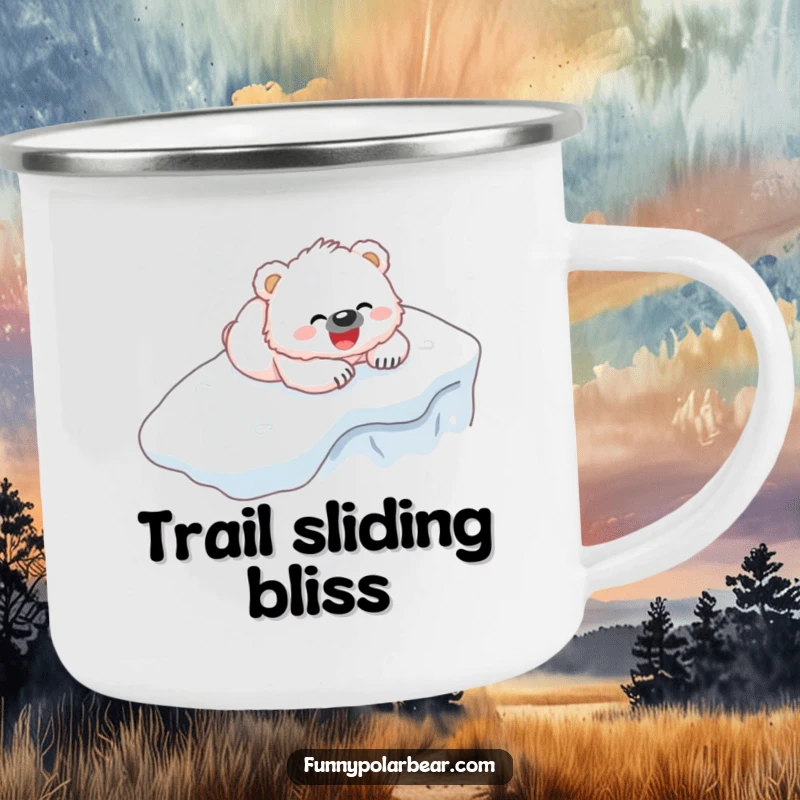 Funny Bear Cub Camping Mug: A fluffy white cub gleefully belly-sliding down an icy hill.