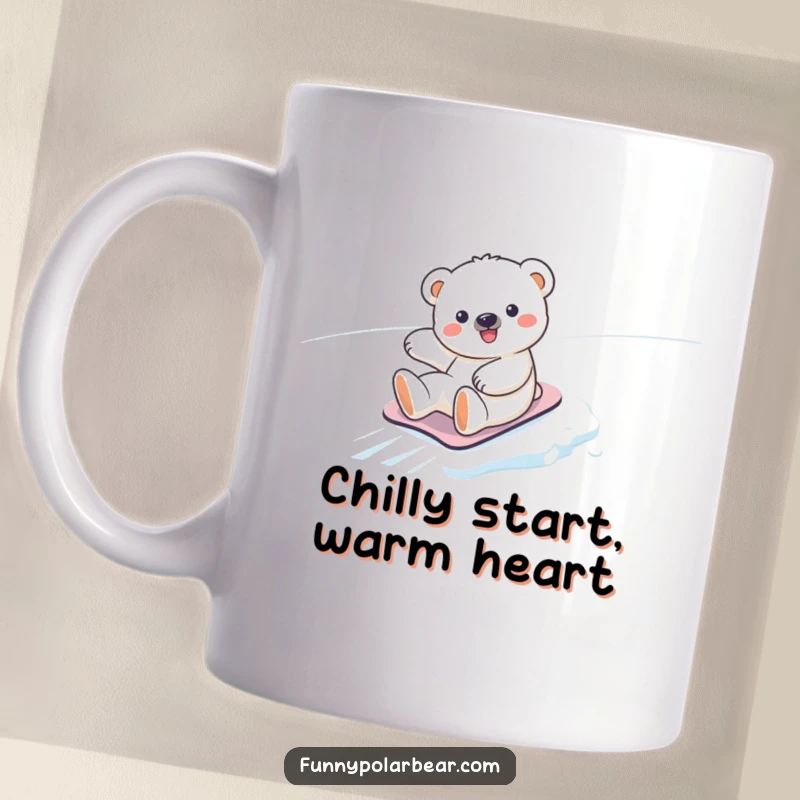 Funny kawaii polar bear cub mug, joyfully sliding down a snowy, icy slope with a happy expression, embodying winter fun.