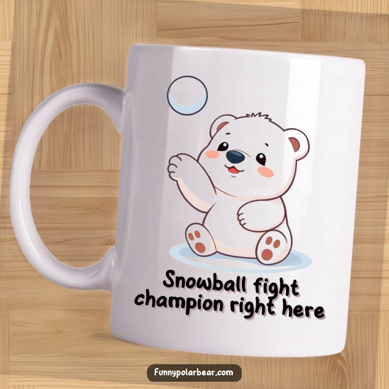 Funny polar bear cub mug, joyfully throwing a snowball high in the air, playful arctic cub, winter fun, cute animal illustration.