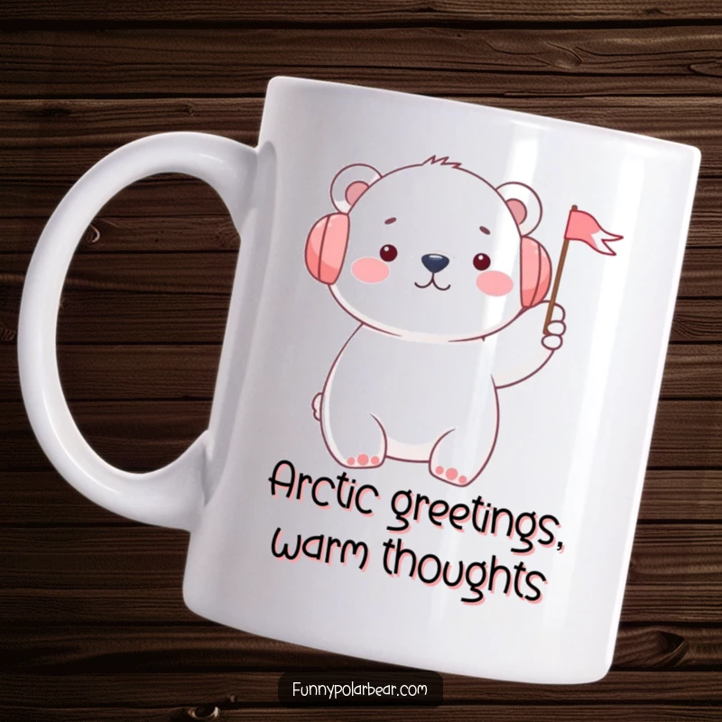 Funny polar bear in earmuffs, cheerfully waving a tiny flag, depicted on a mug, celebrating winter fun and good spirits.
