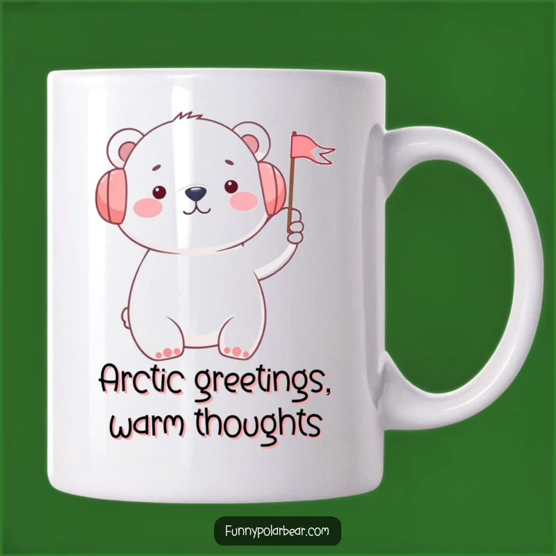 Funny Polar Bear Earmuffs Flag Mug: Cheerful Arctic Animal Gift for Cold Days