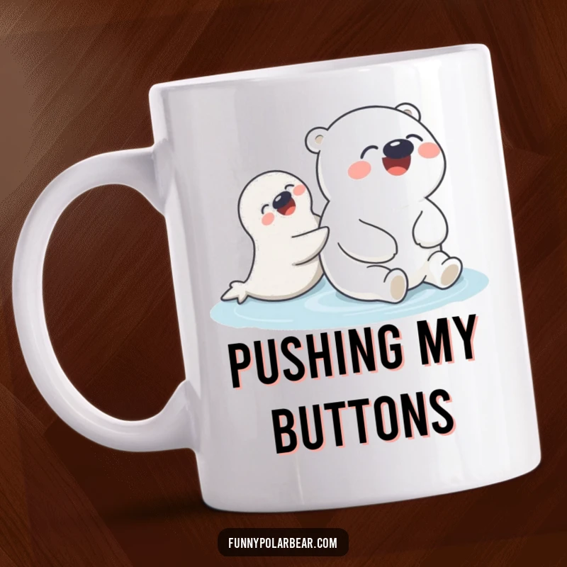 Funny Polar Bear Seal Push Mug: A round, giggling polar bear humorously receives a gentle push from a playful seal.