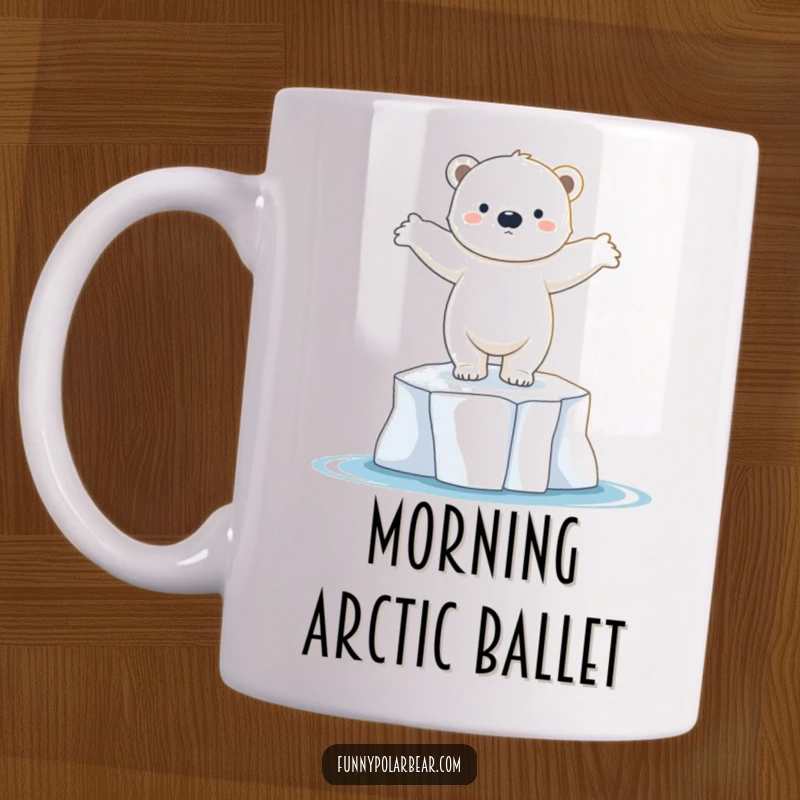 Funny polar bear cub mug, balancing on ice floe, arms outstretched like a dancer, graceful arctic animal, cute illustration.
