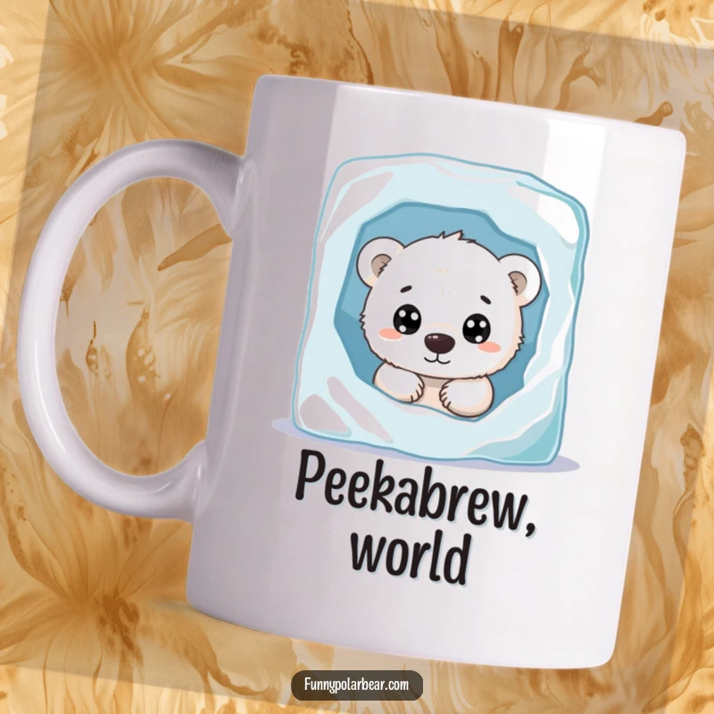 Funny polar bear cub mug, peeking from behind ice, wide curious eyes, adorable arctic animal, cute illustration.