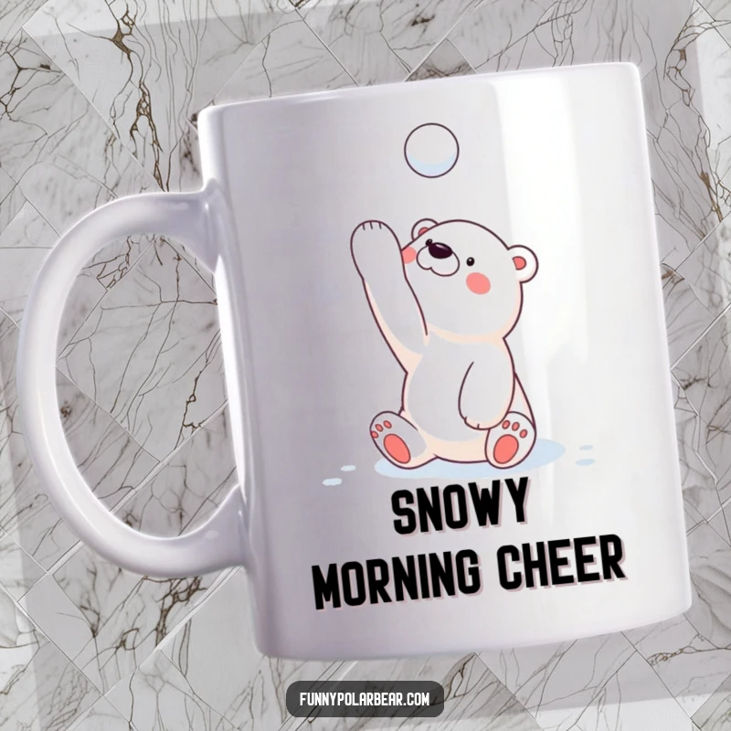 Funny polar bear cub mug, playfully tossing a snowball high into the air with a mischievous grin, embodying winter excitement.