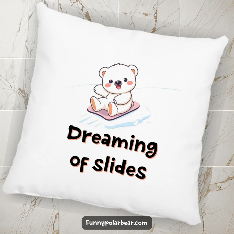 Funny kawaii polar bear cub pillow, happily sliding down a snowy slope, a humorous and plush addition to any room.