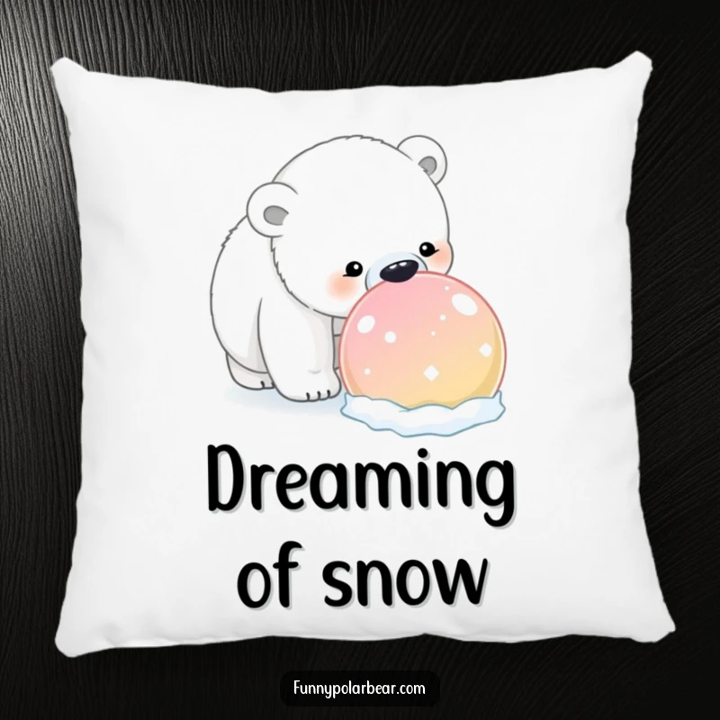 Funny Polar Bear Snowball Pillow: A cute polar bear humorously sniffs a large, brightly colored snowball, adding cozy winter vibes.
