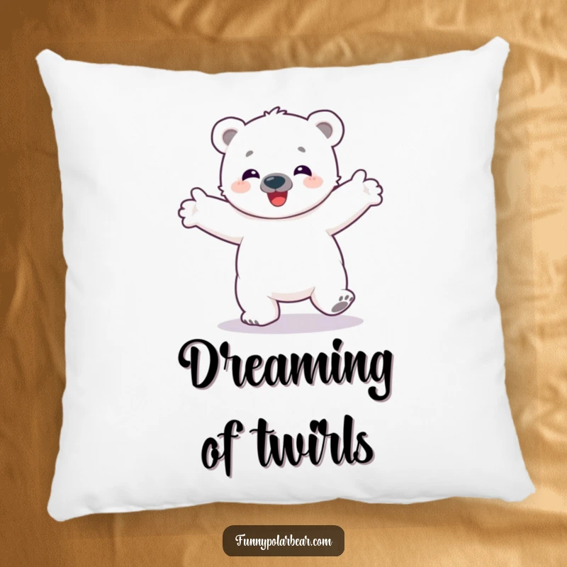 Funny pillow featuring a happy baby polar bear cub spinning with outstretched arms, embodying cozy Arctic delight and playful innocence.