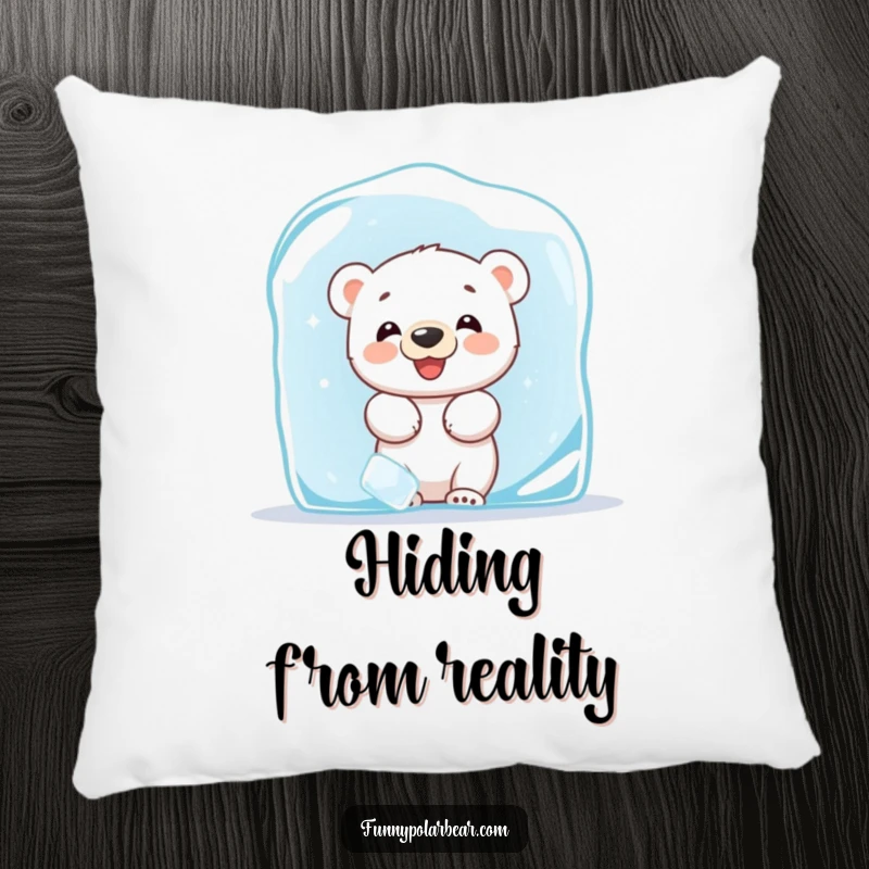 Funny pillow featuring a giggling baby polar bear cub playfully peeking from behind a large ice block, embodying cozy Arctic surprise.