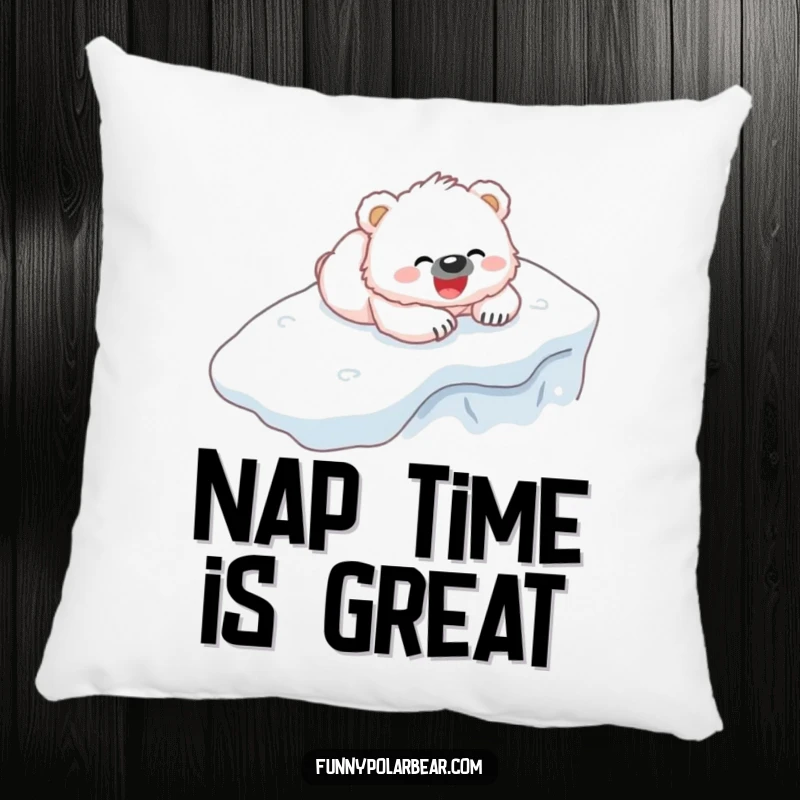 Funny Bear Cub Pillow: Plush decor featuring a fluffy white cub gleefully belly-sliding down an icy hill.
