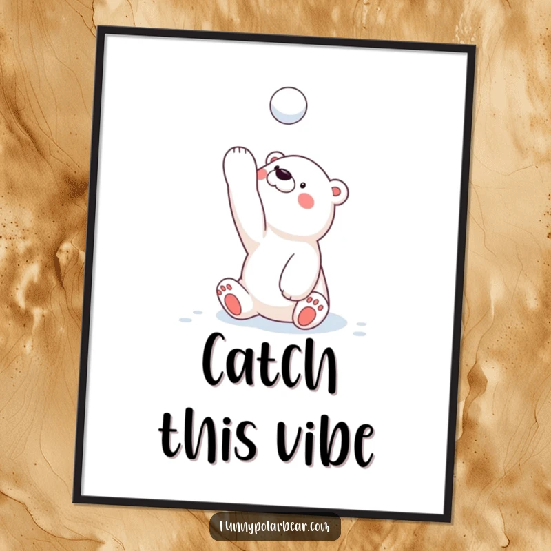 Funny polar bear cub digital art print, playfully tossing a snowball high, a humorous and energetic piece of winter wall art.