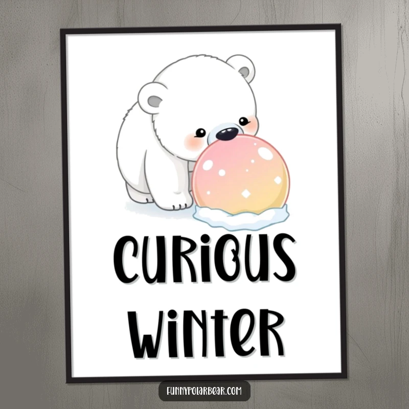 Funny Polar Bear Snowball Digital Art Print: A curious polar bear humorously sniffs a giant, brightly colored snowball, creating charming digital art.