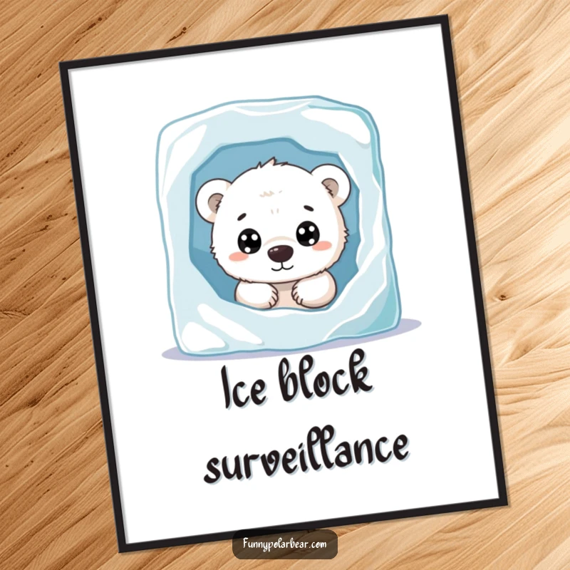 Funny polar bear cub digital art print, peeking from behind ice, wide curious eyes, cute arctic illustration, printable decor.