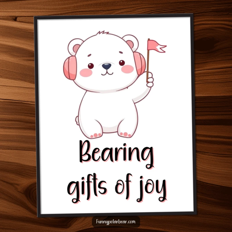 Funny polar bear wearing earmuffs and waving a tiny flag, rendered as a cheerful digital art print for instant download.