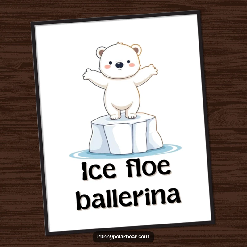 Funny polar bear cub digital art print, dancing on ice floe, graceful pose, cute arctic illustration, printable decor.