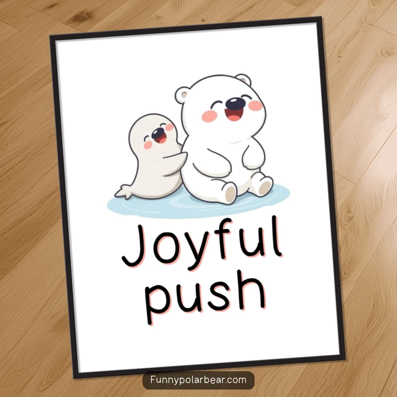 Funny Polar Bear Seal Push Digital Art Print: A round, giggling polar bear humorously gets a push from a playful seal, creating charming digital art.