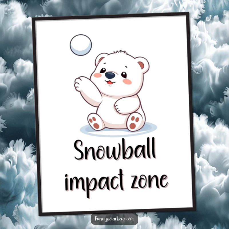 Funny polar bear cub digital art print, dynamically tossing a snowball, cute arctic illustration, printable wall decor, instant download.