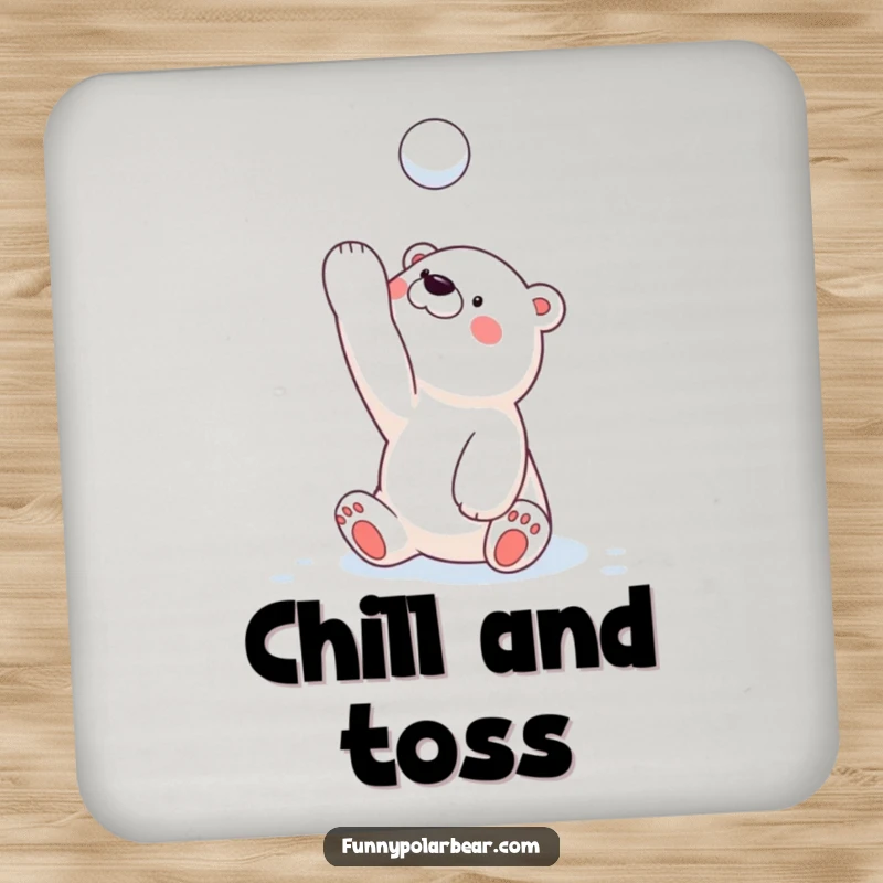 Funny polar bear cub drink coaster, playfully tossing a snowball overhead, a humorous and protective accessory.