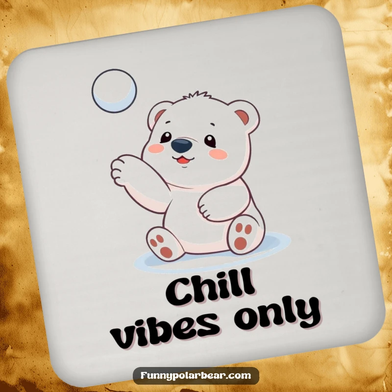 Funny polar bear cub drink coaster, playful snowball toss, cute arctic decor, protective surface, conversation starter.