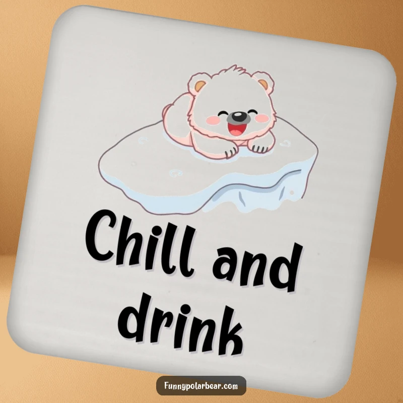 Funny Bear Cub Drink Coaster: A fluffy white cub gleefully belly-sliding down an icy hill.