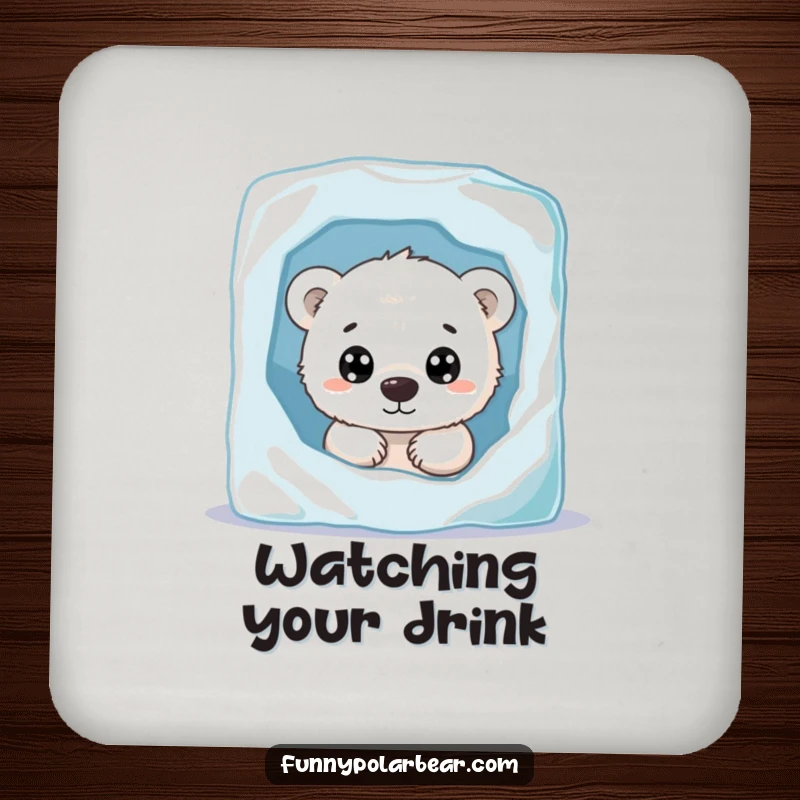 Funny polar bear cub drink coaster, peeking from behind ice, curious eyes, cute arctic decor, protective surface.
