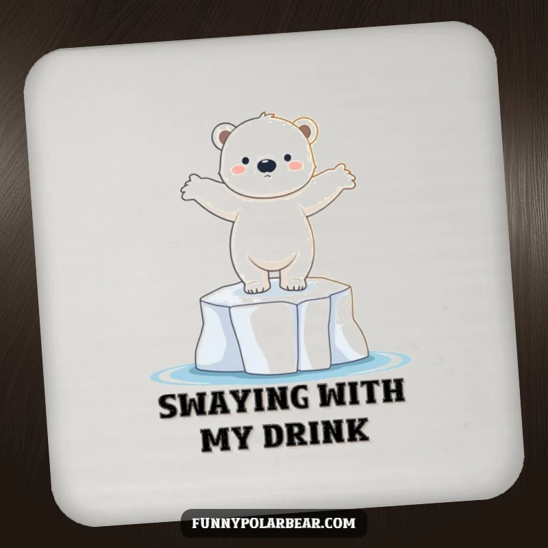 Funny polar bear cub drink coaster, dancing on ice floe, graceful pose, cute arctic decor, protective surface.