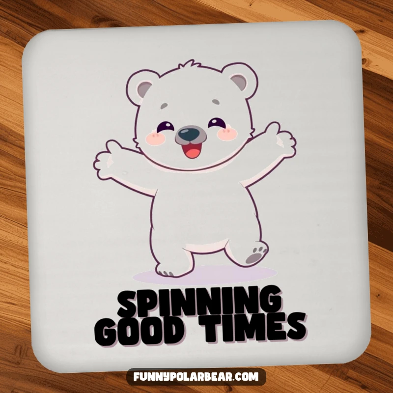 Funny drink coaster showcasing a happy polar bear cub spinning with arms outstretched, bringing Arctic delight to your tableside.