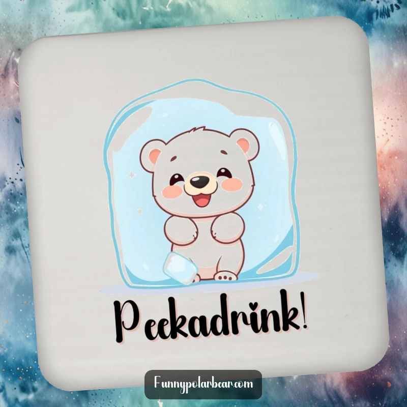 Funny drink coaster showcasing a giggling polar bear cub playfully peeking from behind a large ice block, bringing Arctic charm.