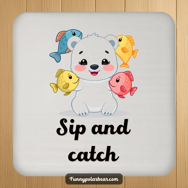 Funny polar bear cub drink coaster, beaming while juggling colorful fish, a humorous and protective accessory.