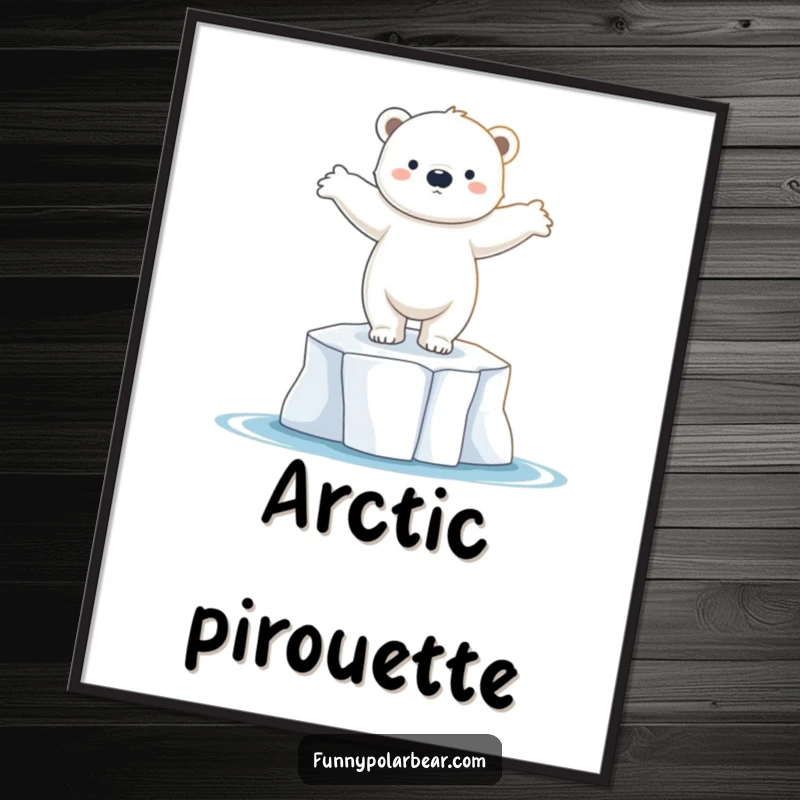 Funny polar bear cub poster, dancing on ice floe, arms outstretched, graceful arctic art, elegant wall decor.
