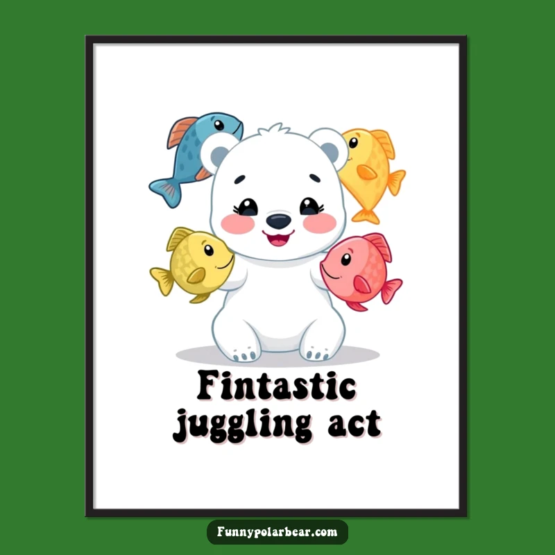 Funny Juggling Fish Polar Bear Art Poster: Hilarious Whimsical Decor