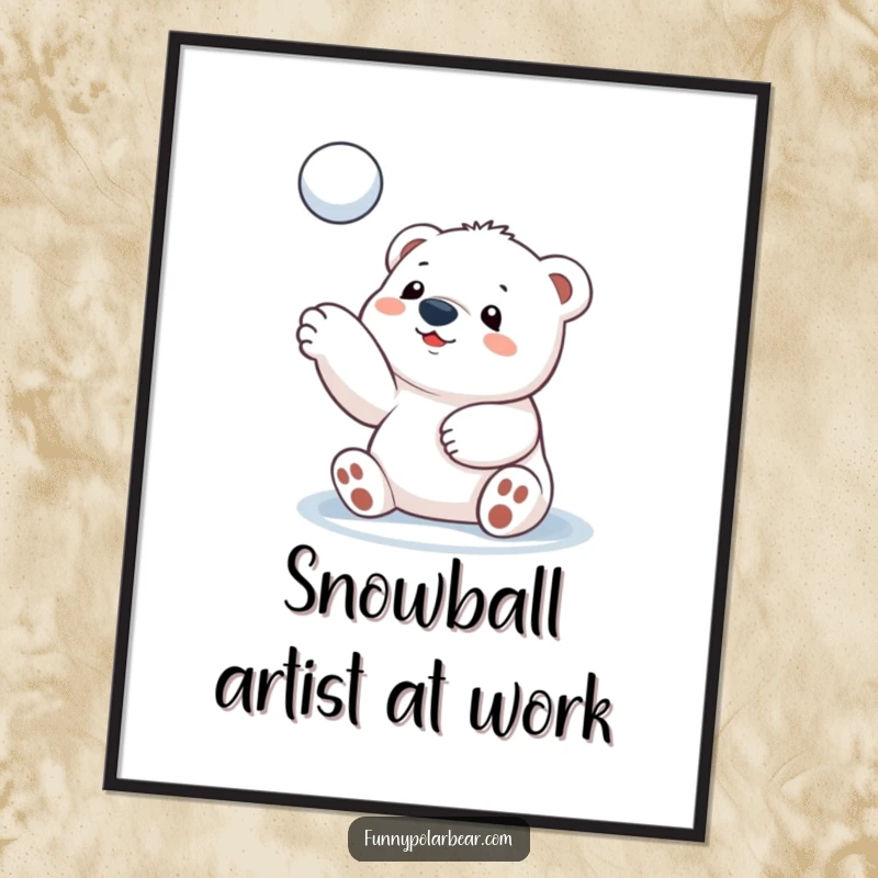 Funny polar bear cub poster, captured mid-snowball toss, charming arctic art, playful decoration, vibrant illustration.