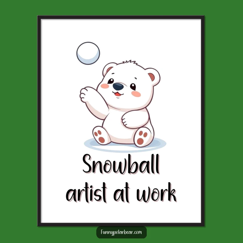Funny Polar Bear Cub Snowball Toss Poster: Arctic Joy & Playful Vibes