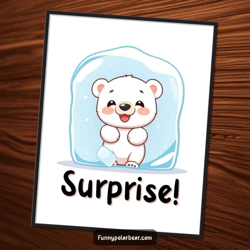 Funny poster of a giggling baby polar bear cub peeking from behind a large ice block, capturing a moment of Arctic hide-and-seek fun.