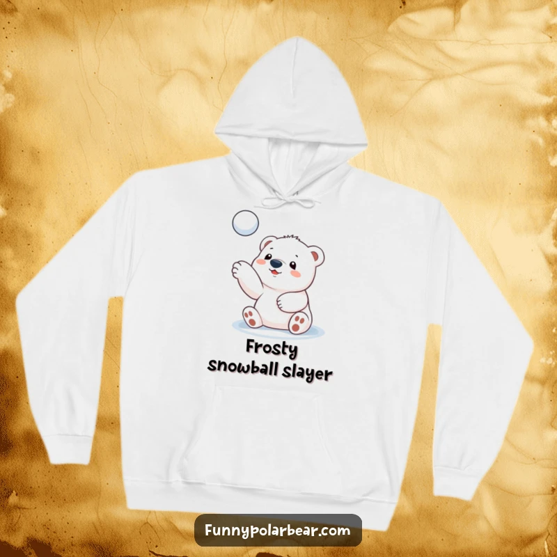Funny polar bear cub hoodie, engaged in a playful snowball toss, warm winter apparel, cute arctic creature, cozy fleece.