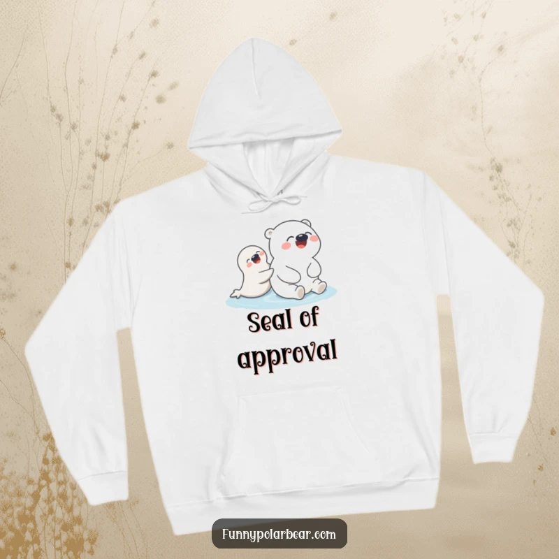 Funny Polar Bear Seal Push Hoodie: A round polar bear humorously giggles as a playful seal gently pushes it along.