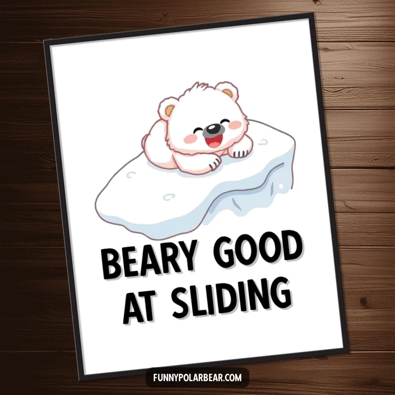 Funny Free Printable Wall Art: A fluffy white bear cub gleefully slides down an icy hill on its belly, pure winter delight.