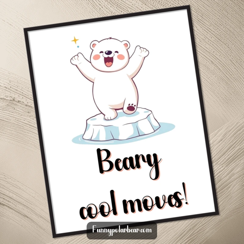 Funny Free Printable Wall Art: A jubilant polar bear is captured mid-dance with playful energy on a serene ice floe.