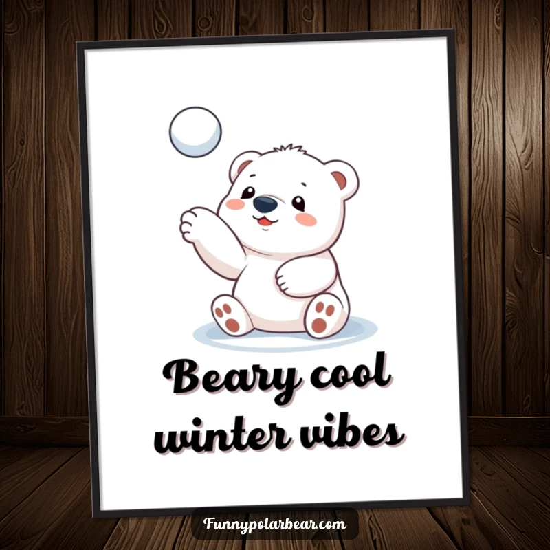 Funny Free Printable Wall Art: A round polar bear cub gleefully tossing a snowball high, radiating playful winter energy.