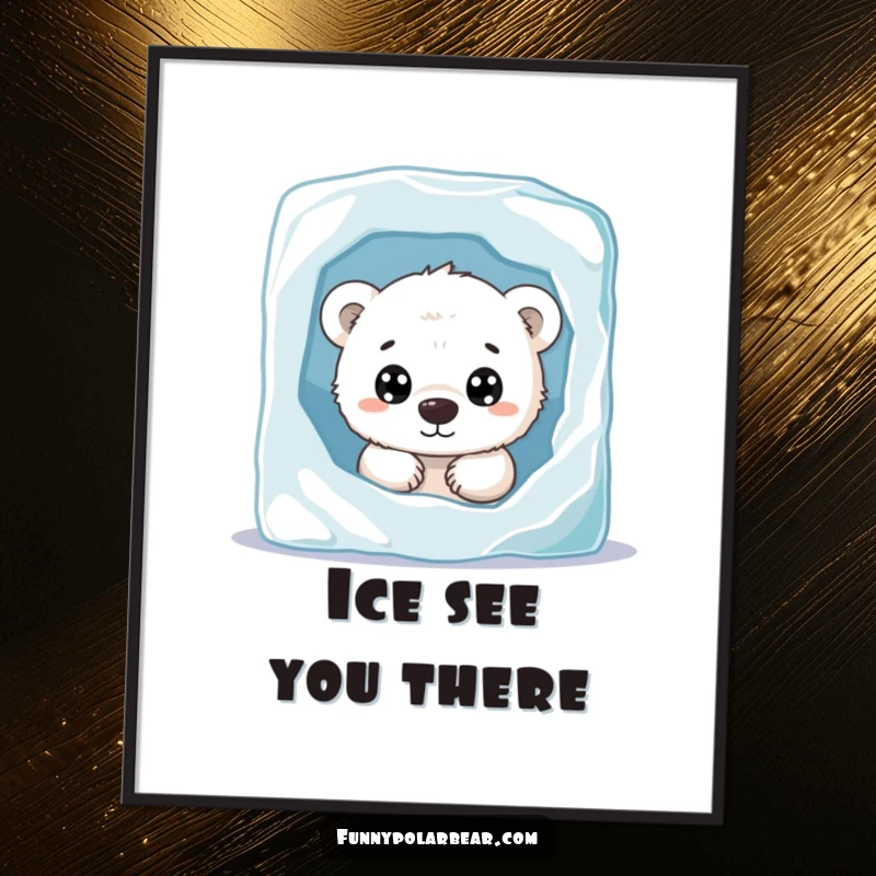 Funny Free Printable Wall Art: A polar bear cub with wide, curious eyes peeking from behind a giant ice block, full of gentle wonder.